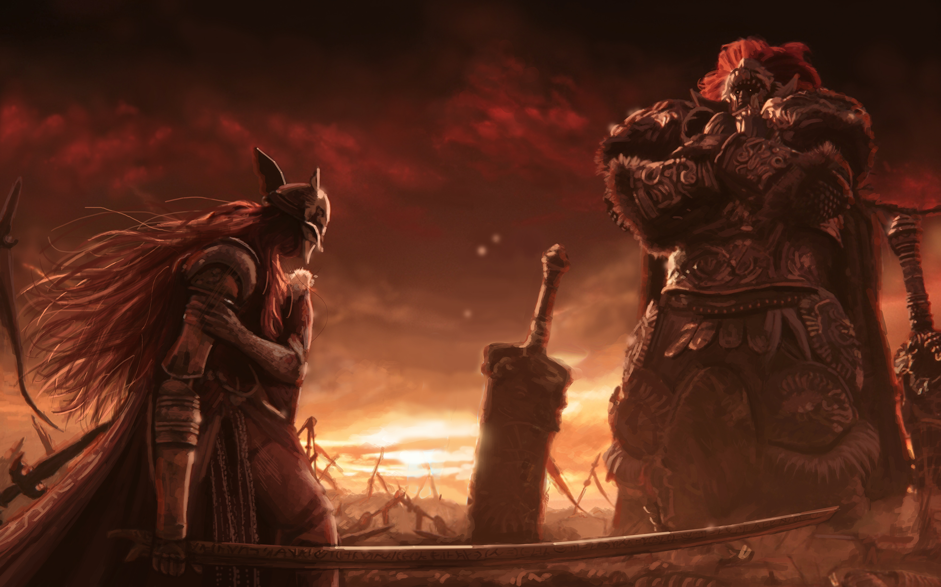 Elden Ring art. A long-haired swordswoman seems hurt, holding her arm with one hand, and a katana on another. In front of her, a huge warrior with a red mane stands tall with arms crossed.